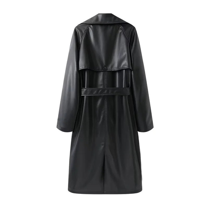 Damen lang geschnittener Trenchcoat aus veganem Lederimitat mit weitem Schalkragen und Bindegürtel – Montévia