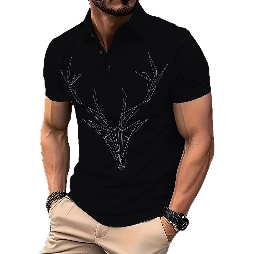 Herren Kurzarm Poloshirt mit geometrischem Hirschmotiv Echoarchiv