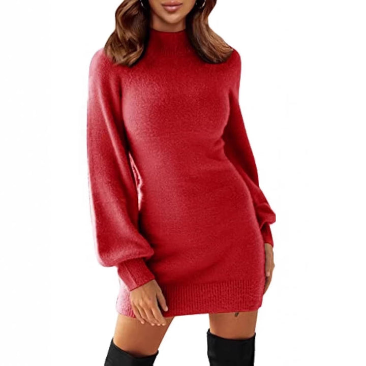 Damen Tailliertes Teddy-Strick-Minikleid mit Stehkragen und Ballonärmeln – Élara