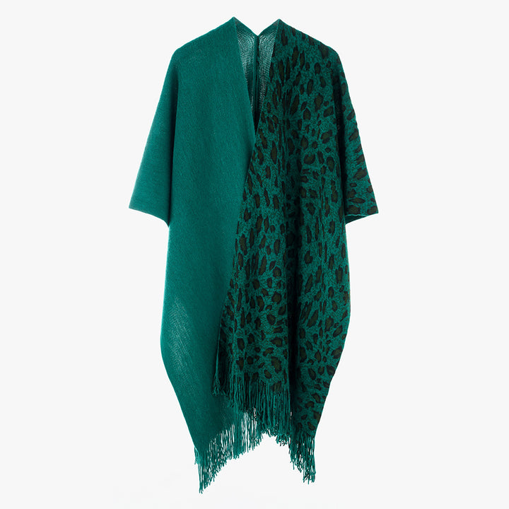 Damen Reversibler Capeponcho mit Leo-Jacquard, Fransen und kastigem Oversize-Schnitt – Célinea