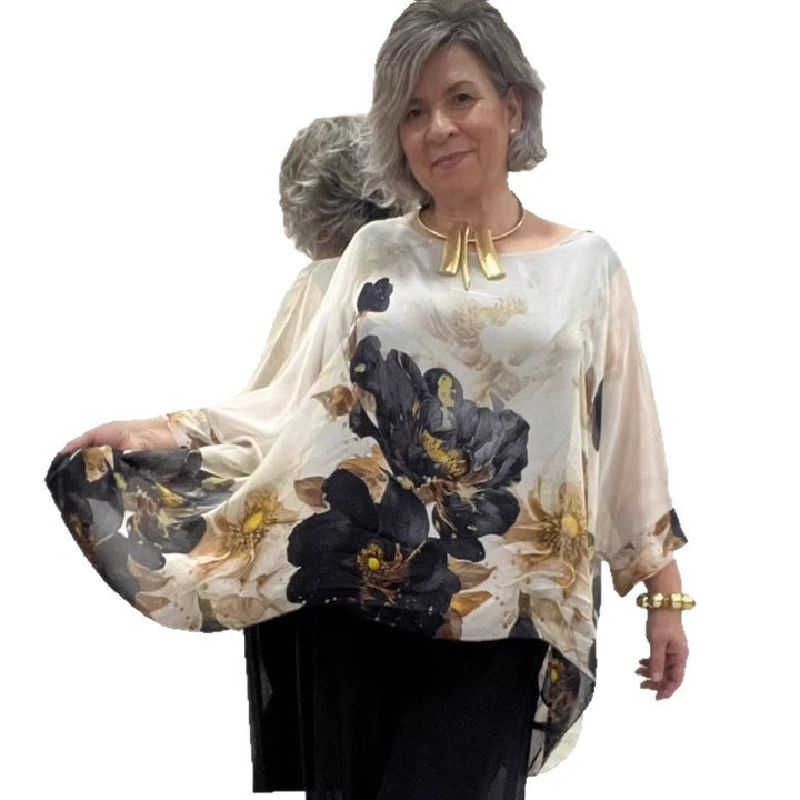 Damen nan elegante Chiffon-Tunika mit Fledermausärmeln und asymmetrischem Saum Echo Archiv