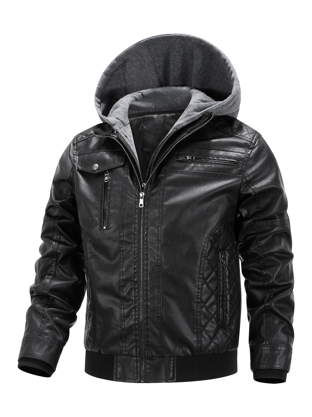 Herren Kunstleder-Bikerjacke mit abnehmbarer Kapuzenblende und gesteppter Seitenpartie Echoarchiv