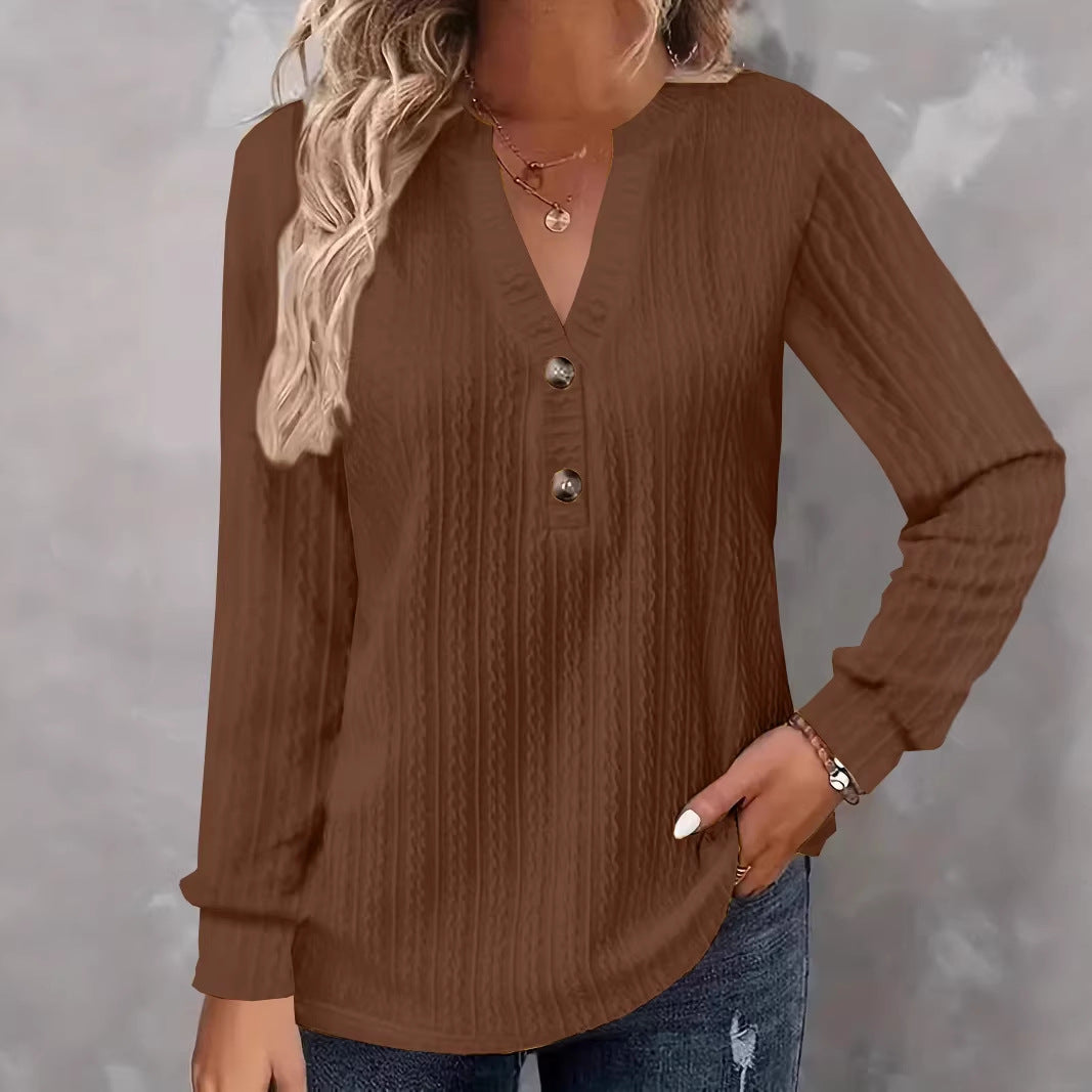 Damen Strukturiertes V‑Neck Langarmshirt mit Zierknopfleiste – Avérine