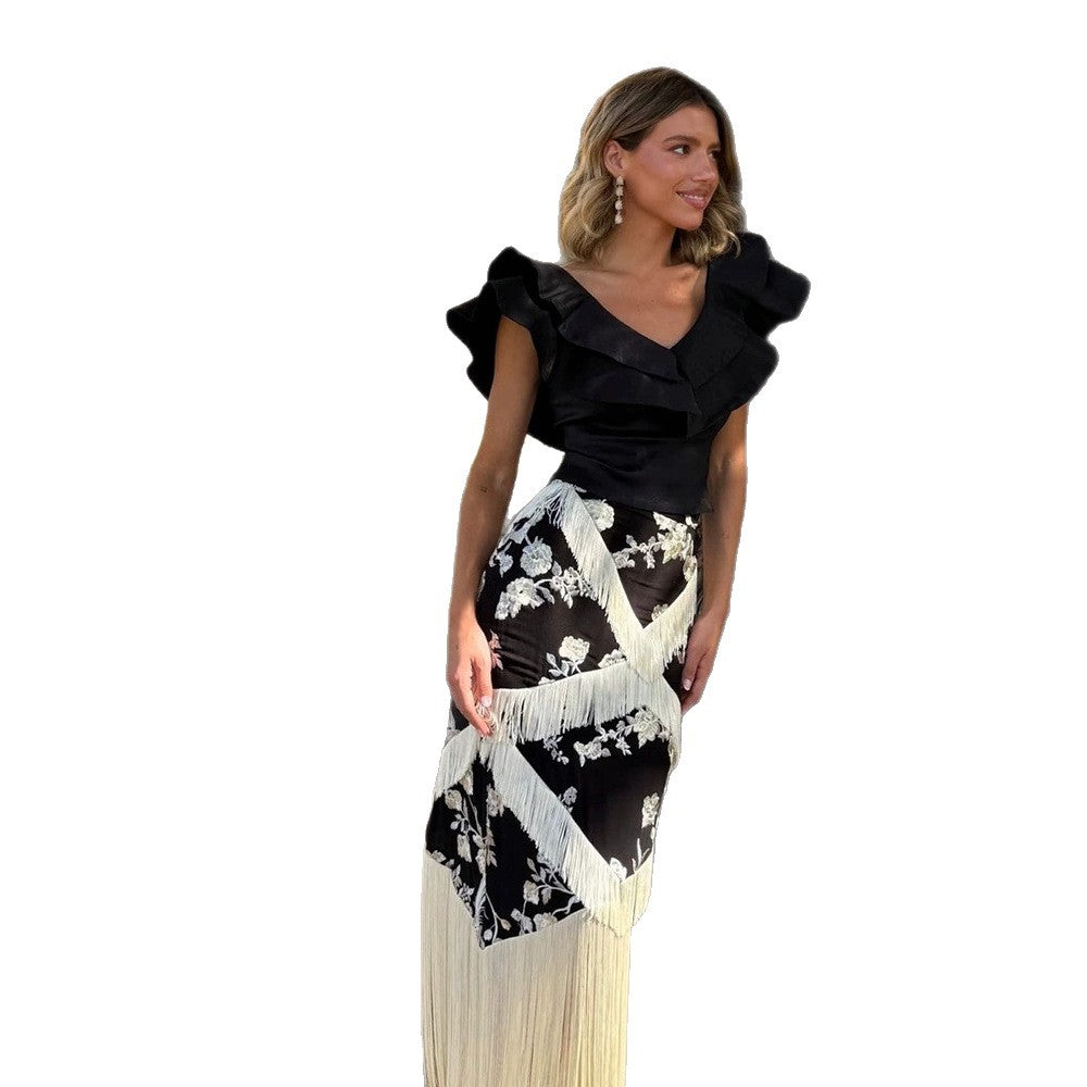 Damen Maxirock mit floralem Print & mehrlagigen Fransen-Details Echoarchiv