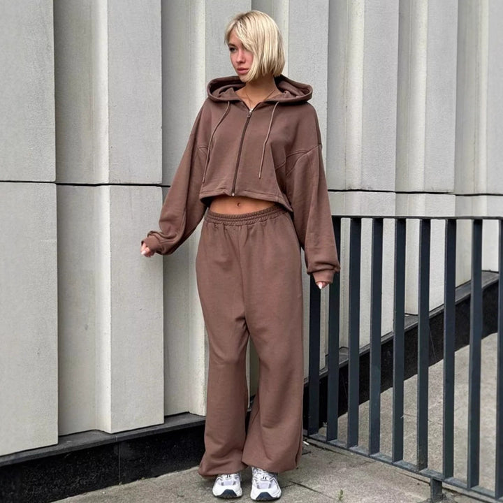 Damen nan kurz geschnittenes Zip-Hoodie und Highwaist Sweathose Lounge-Set mit Kapuze Echo Archiv