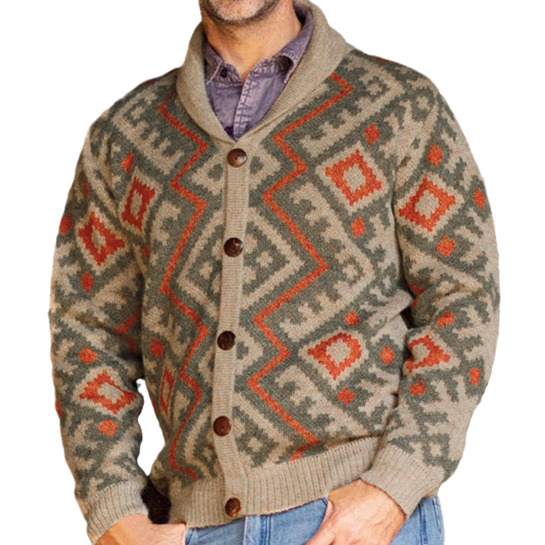 Herren Strickjacke mit traditionellem geometrischen Muster und warmem Schalkragen Echoarchiv