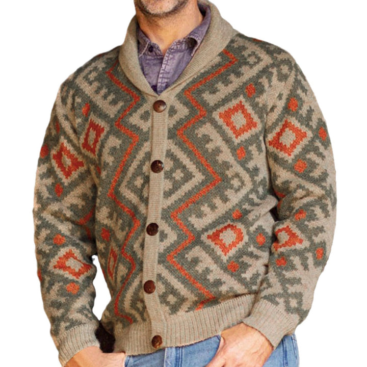 Herren Strickjacke mit traditionellem geometrischen Muster und warmem Schalkragen Echoarchiv