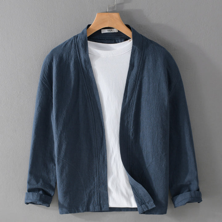 Herren Offene Leinen-Overjacket mit Kimono-Kragen und Relaxed-Fit Echoarchiv