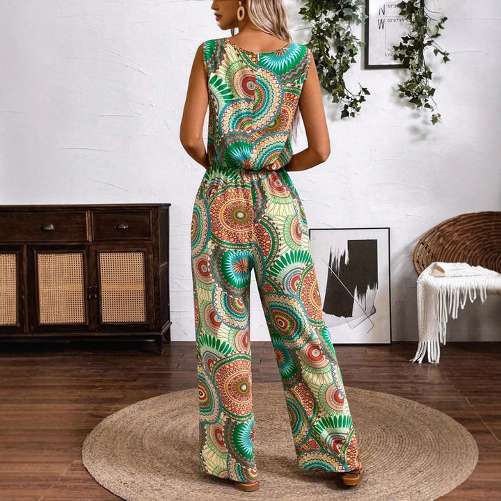 Damen Lässiger Jumpsuit mit Auffälligem Musterdetail und Elastischem Bund Echoarchiv
