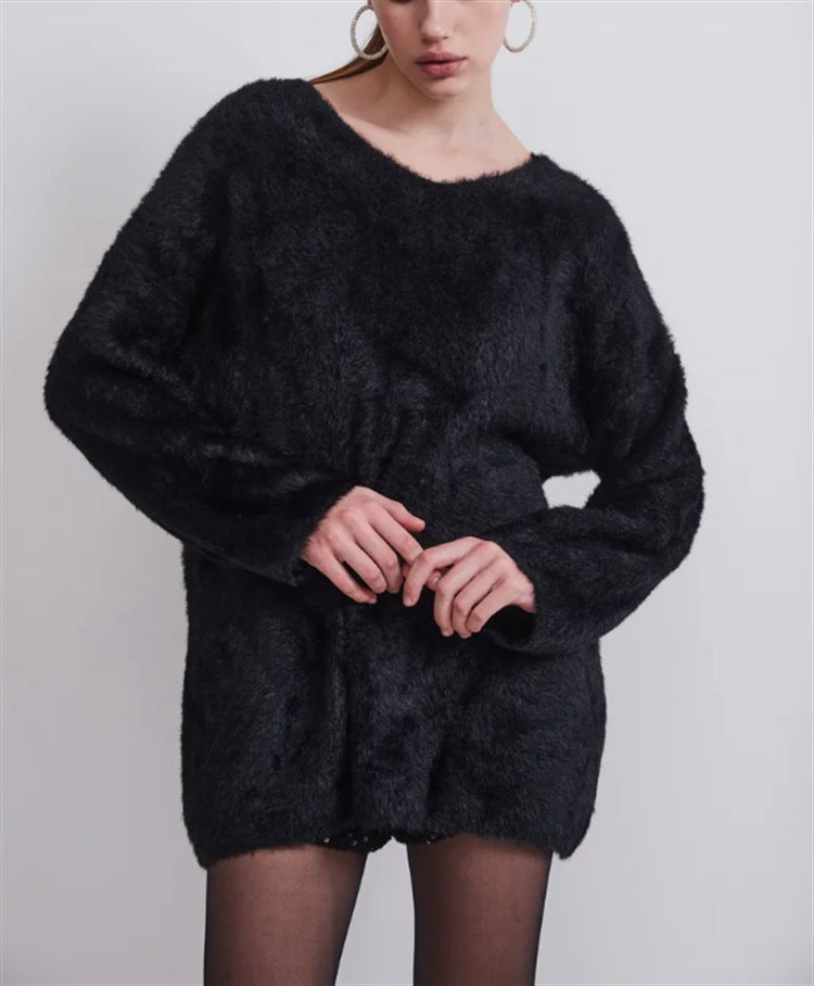 Damen Oversize-Flauschpullover mit V-Ausschnitt und Teddy-Optik – Mavelle