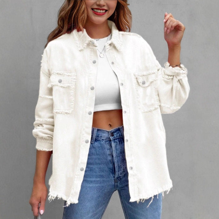 Damen Lässige Denim-Überwurfjacke im Hemdstil mit Raw-Edge und Druckknopfleiste Echo Archiv