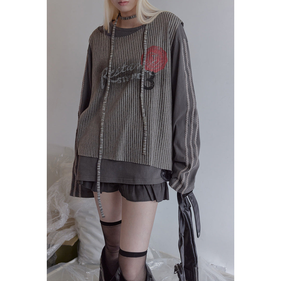 Damen Lagen-Langarmshirt mit gestreiftem Frontpanel und Spitzenband Echoarchiv