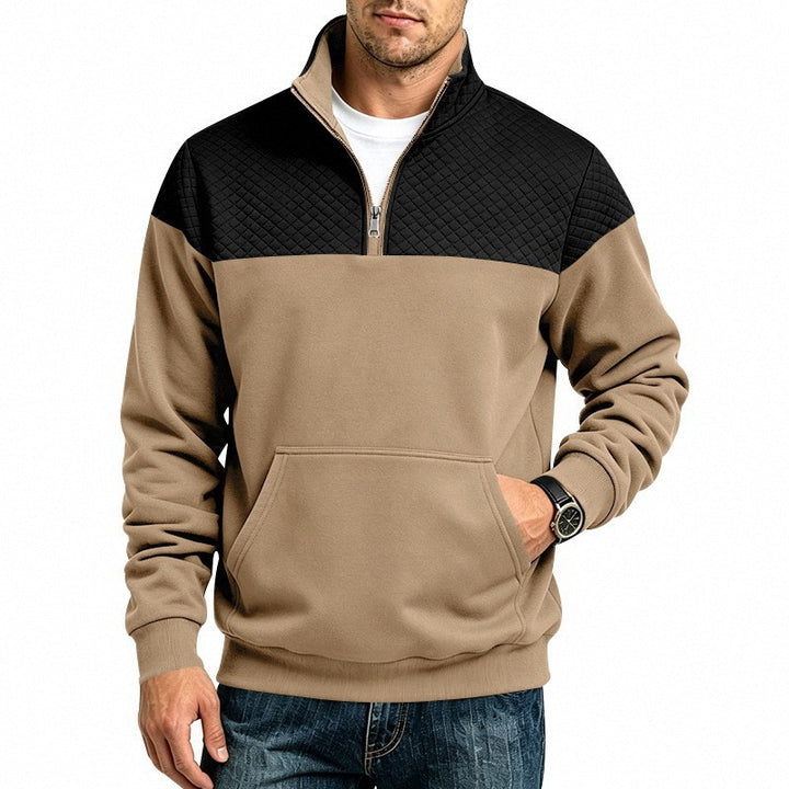 Herren Stehkragen-Sweatshirt mit Halbzip, gesteppter Schulterpasse und Kängurutasche Echoarchiv
