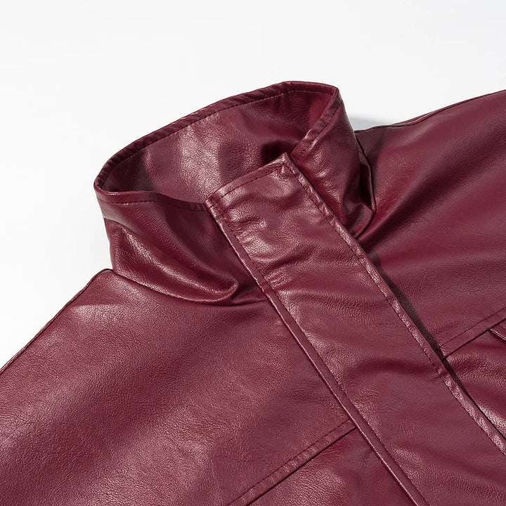 Damen lässige Kunstleder-Utilityjacke mit Stehkragen, aufgesetzten Pattentaschen und elastischen Bündchen – Célinea