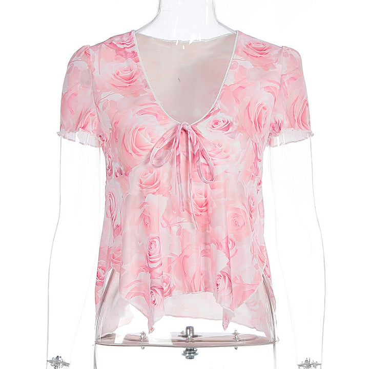 Damen Bluse mit romantischem Rosenmuster und zartem Bindegürtel Echo Archiv