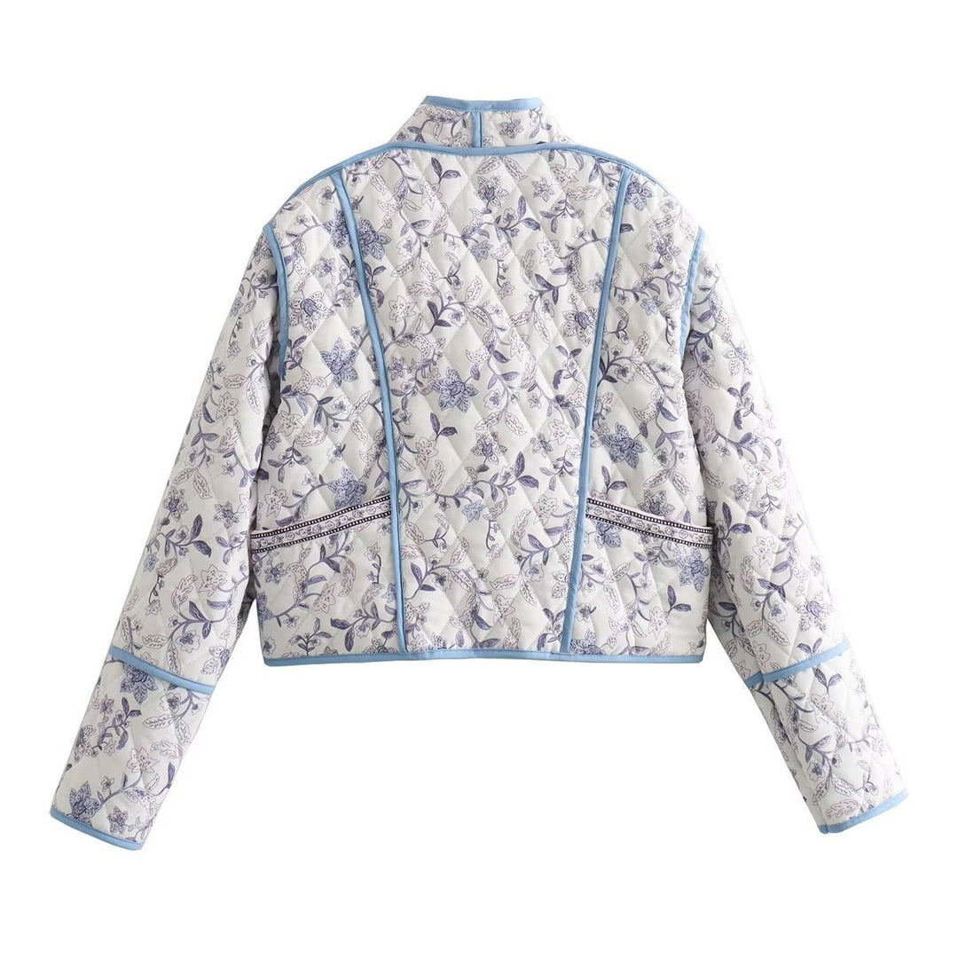 Damen Gestepptes Cropped-Steppjacke mit floralem Allovermuster und kontrastierender Paspelierung Echo Archiv