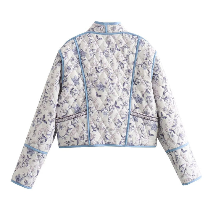 Damen Gestepptes Cropped-Steppjacke mit floralem Allovermuster und kontrastierender Paspelierung Echo Archiv