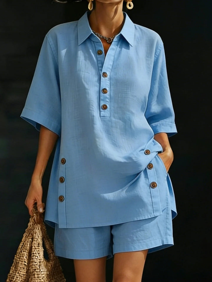 Damen nan luftiges Leinenoptik-Zweiteiler mit Oversize-Hemdbluse, Knopfleiste und Bermuda-Shorts Echo Archiv