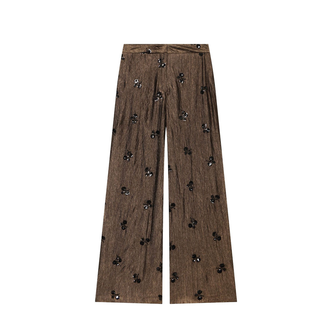 Damen Weite High‑Waist‑Hose mit Crinkle‑Effekt und Paillettenblüten Echoarchiv