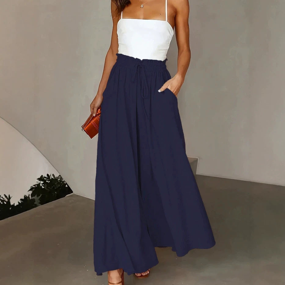 Damen Weite Maxipalazzo-Hose mit Paperbag-Bund, Kordelzug und Seitentaschen – Avélisse