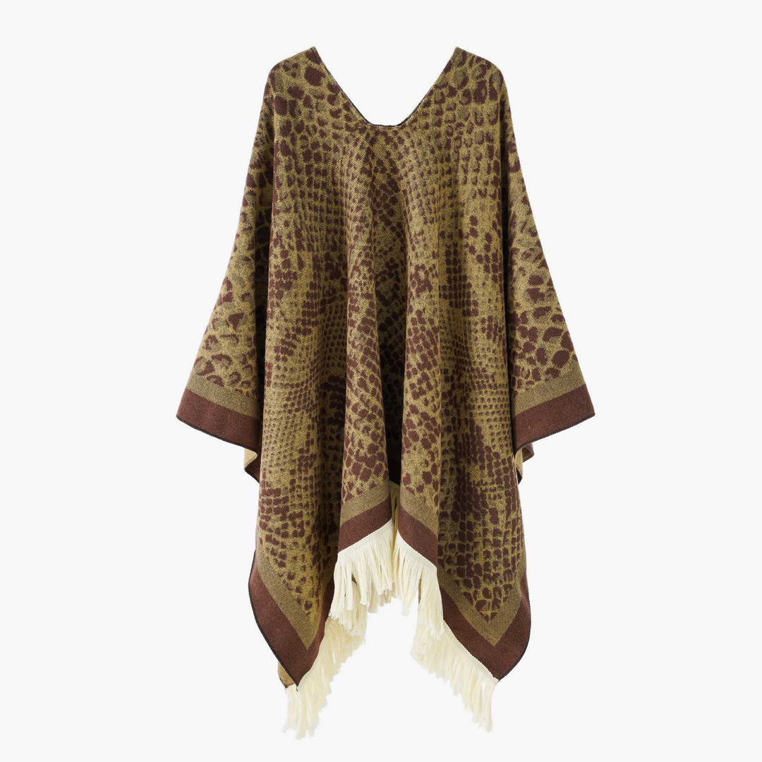 Damen Jacquard-Poncho mit V-Ausschnitt, Animalprint und Fransensaum – Avérine