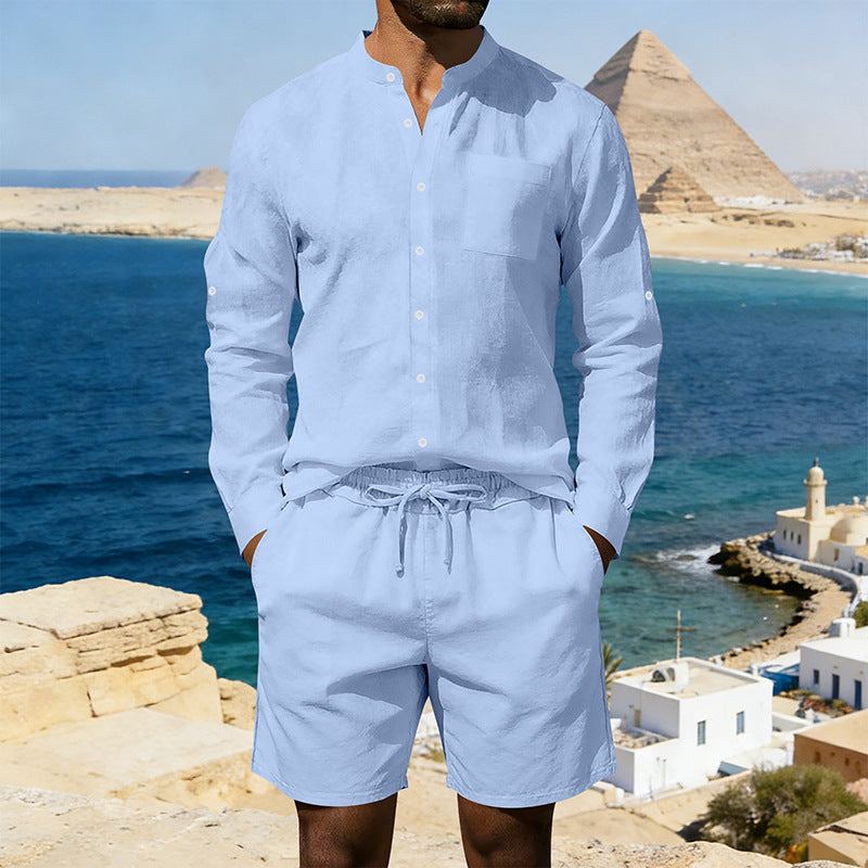 Herren nan sommerliches Leinen-Set mit Stehkragenhemd und Kordelzug-Kurzhose Echo Archiv