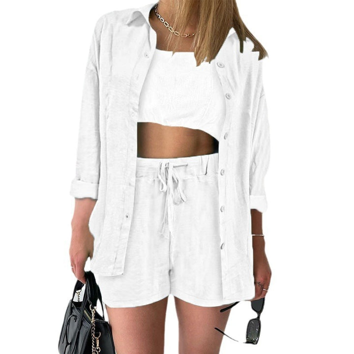 Damen Leinenoptik dreiteiliges Sommer-Lounge-Set mit Oversize-Hemd Cropped-Top und High-Waist-Shorts – Élanora