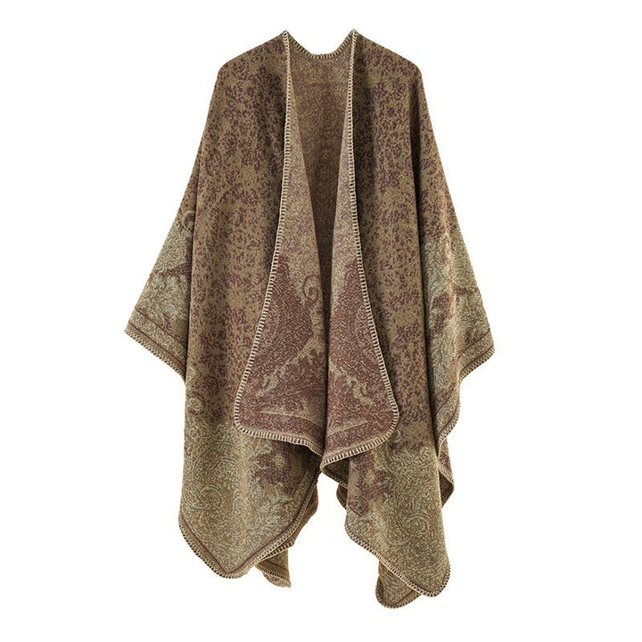 Damen Jacquard‑Ruana mit floraler Bordüre und offenem Oversize‑Schnitt – Avérine