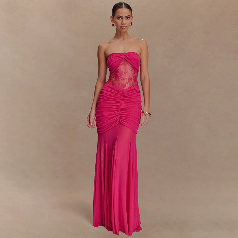 Damen Strapless Maxikleid mit raffinierten Drapierungen und Spitzen-Mix Echo Archiv