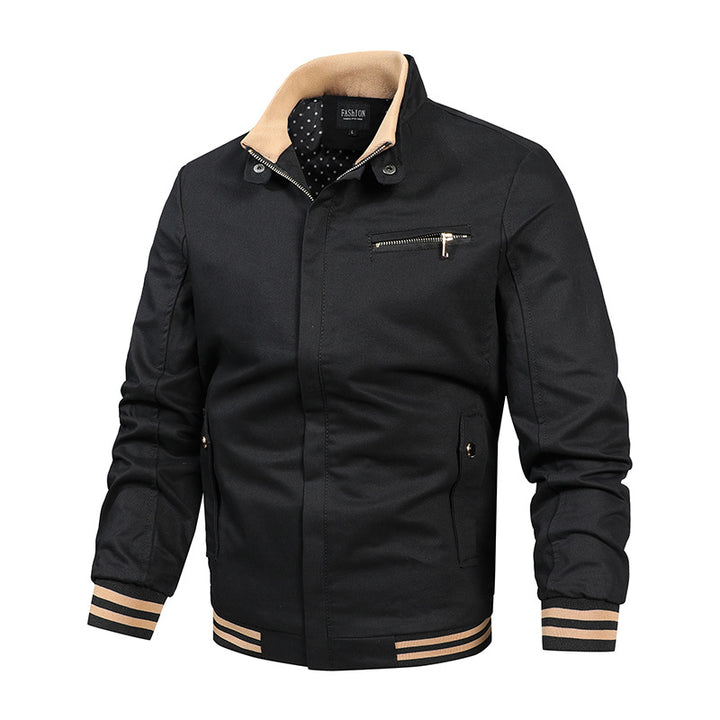 Herren nan moderne Canvas-Bomberjacke im Varsity-Stil mit gestreiften Rippbündchen und verdeckter Frontleiste Echo Archiv