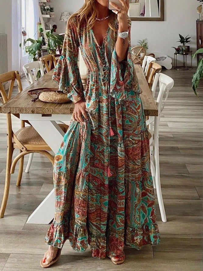 Damen Boho Maxikleid mit Paisley-Print, V-Ausschnitt, Stufenrock und Bindegürtel Echoarchiv