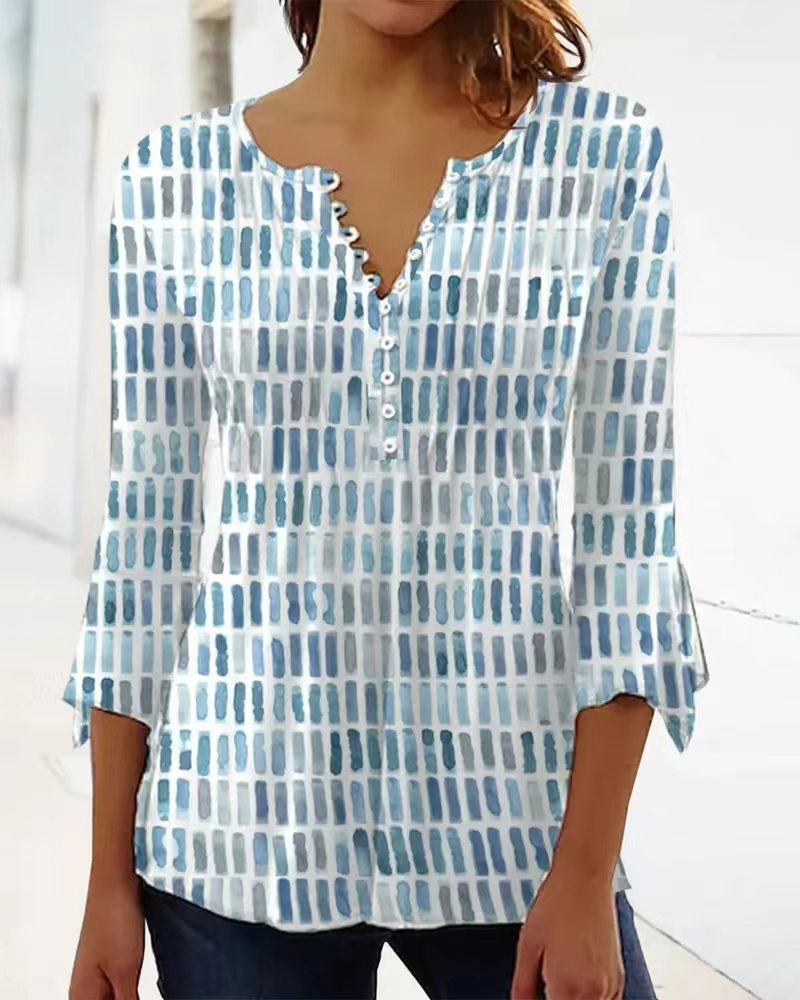 Damen nan luftig leichtes Aquarell-Print Blusenshirt mit Henley-Knopfleiste und dreiviertel Glockenärmeln Echo Archiv