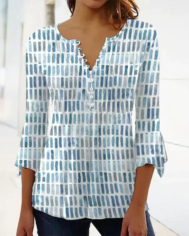 Damen nan luftig leichtes Aquarell-Print Blusenshirt mit Henley-Knopfleiste und dreiviertel Glockenärmeln Echo Archiv