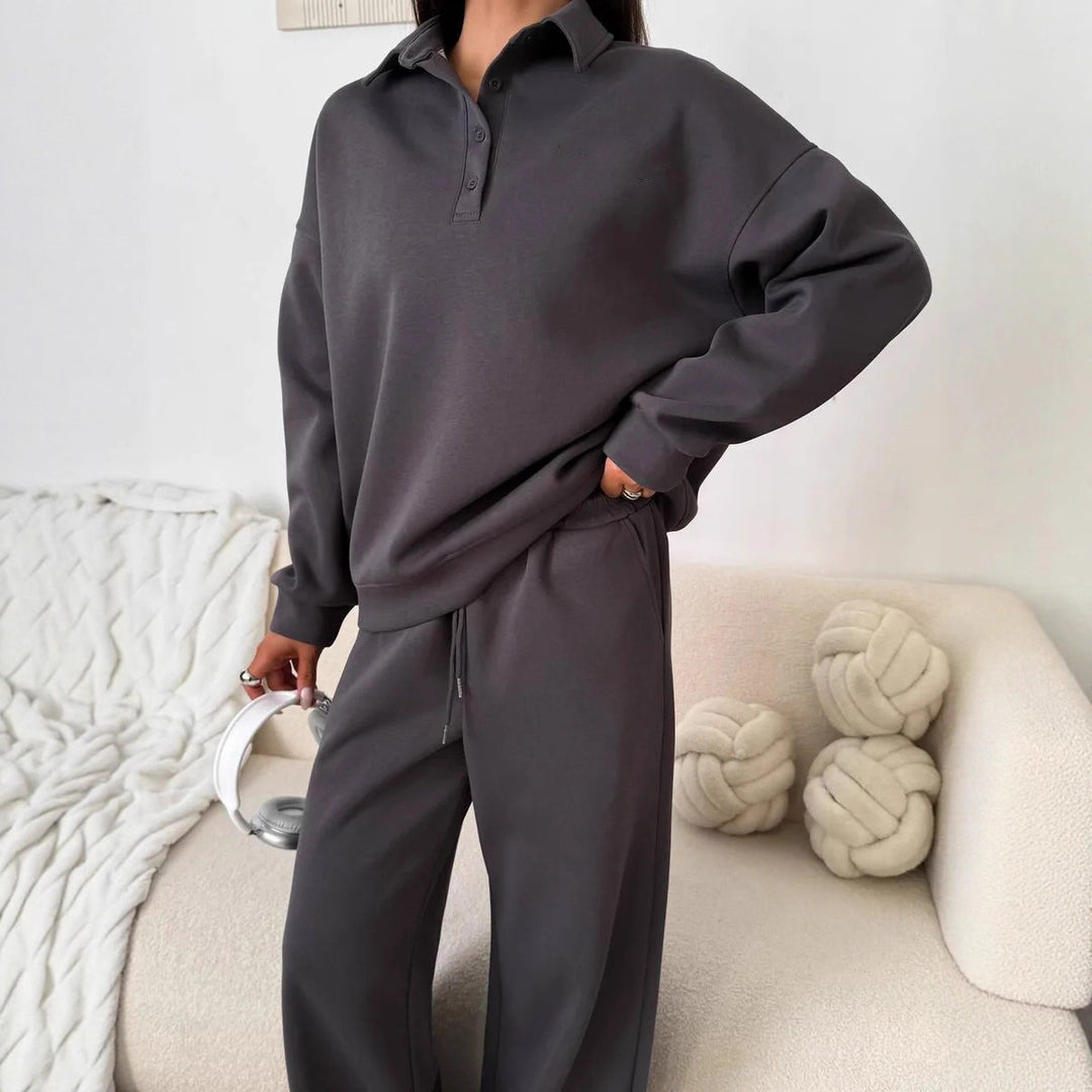Damen weites Polo-Lounge-Set mit elastischem Tunnelzugbund und Wide‑Leg-Jogginghose – Avérine