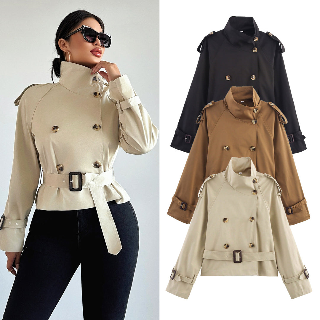 Damen Kurz-Trenchjacke mit Doppelreihe, Stehkragen, Schulterklappen und Taillengürtel Echo Archiv