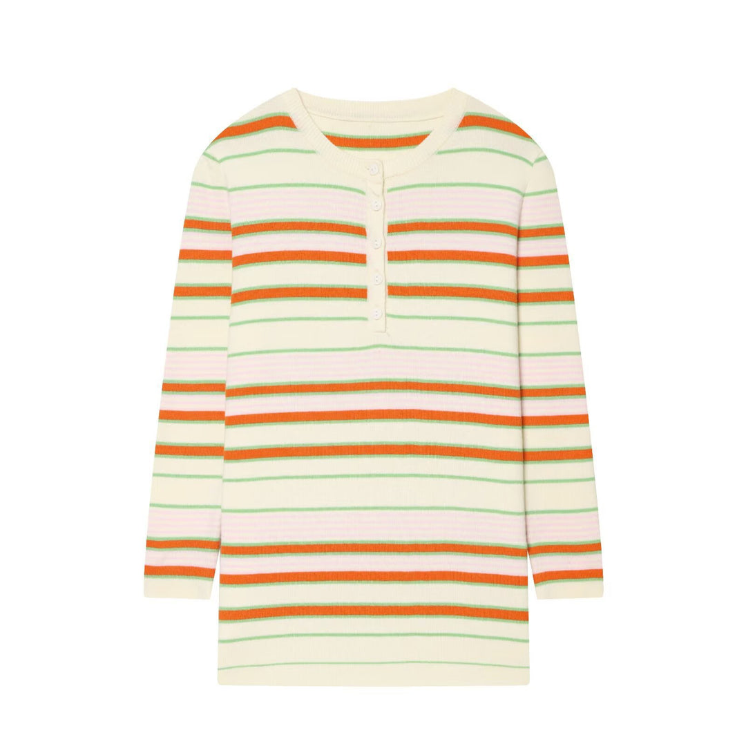 Damen Gestreiftes Rippstrick-Henleyshirt mit Knopfleiste und schmaler Passform Echo Archiv