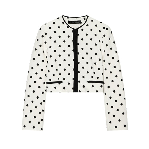 Damen nan kurz geschnittener Polka‑Dot Blazer mit Rundhalsausschnitt, verdeckter Knopfleiste und kontrastpaspel Echo Archiv