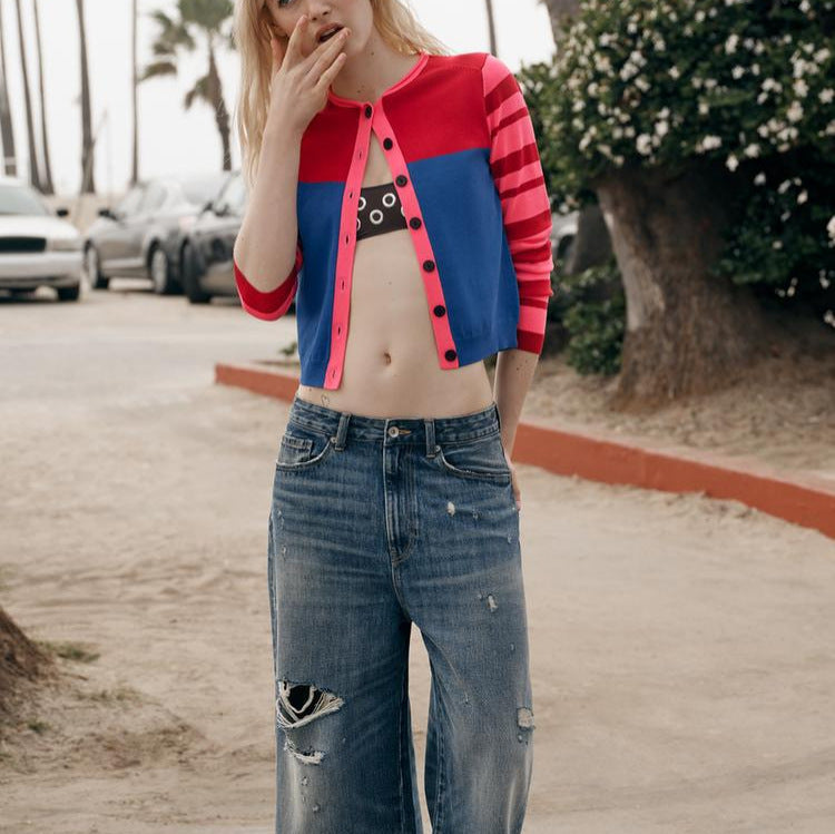Damen Strickcardigan mit Colorblock-Front und gestreiften Ärmeln Echoarchiv