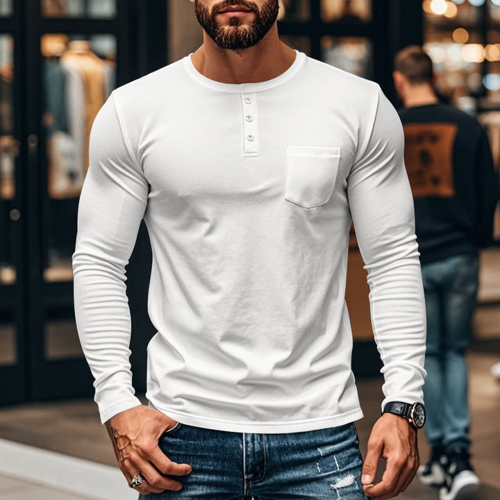 Herren Langarm-Henley-Shirt mit strukturierter Oberfläche und praktischer Brusttasche Echoarchiv