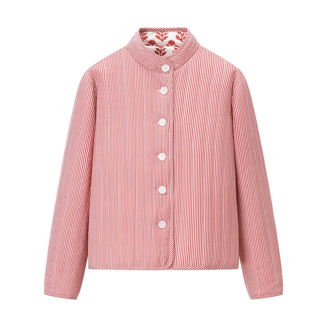 Damen leichte gesteppte Blusenjacke mit Stehkragen, Zierpaspel und floraler Allover‑Steppung – Célinea