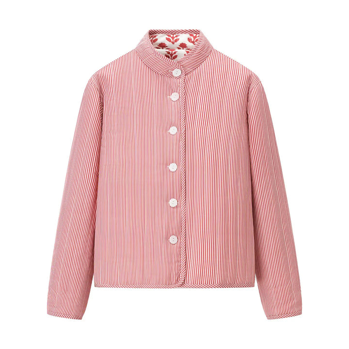 Damen leichte gesteppte Blusenjacke mit Stehkragen, Zierpaspel und floraler Allover‑Steppung – Célinea