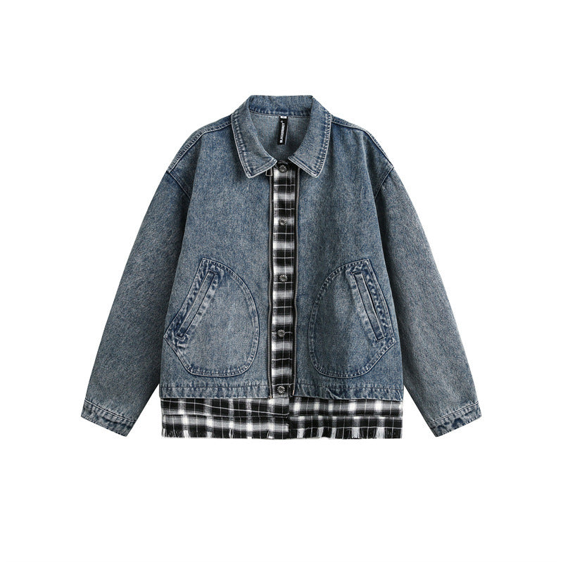 Unisex Kastig geschnittener Denim-Blouson im Lagenlook mit karierter Innenlage Echoarchiv