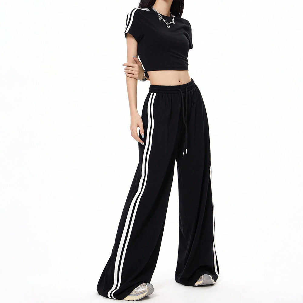 Damen lässige Highwaist weite Sweathose mit elastischem Bund, Tunnelzug und seitlichen Kontraststreifen – Avérine