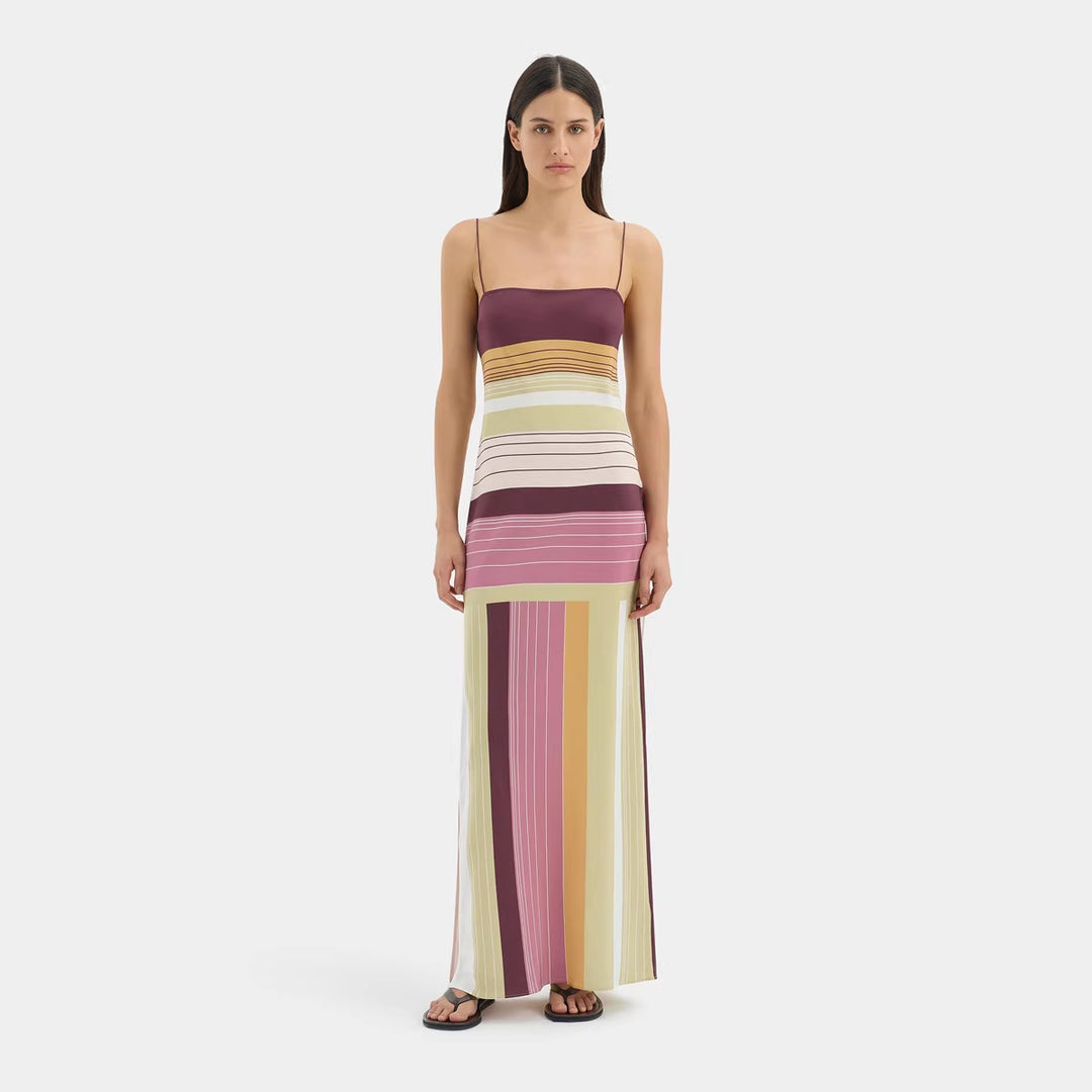 Damen nan figurbetontes Maxikleid mit Spaghettiträgern, geradem Ausschnitt, Paneelstreifen und seitlichem Schlitz Echo Archiv