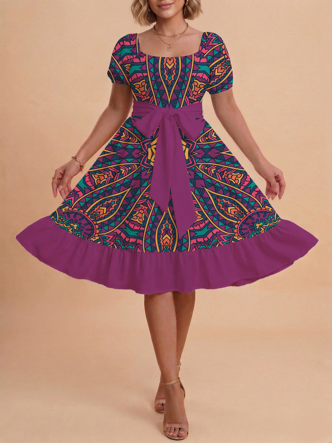 Damen A-Linien-Kleid mit floralen Motiven und taillierbarem Gürtel Echo Archiv