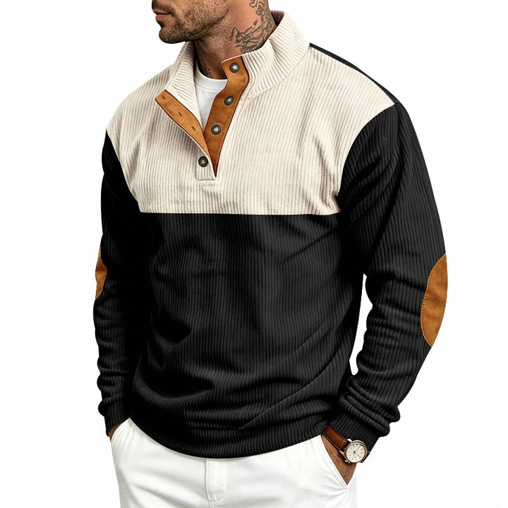 Herren Gerippter Stehkragen-Pullover mit Knopfleiste, Kontrastblende und Ellbogen-Patches Echoarchiv
