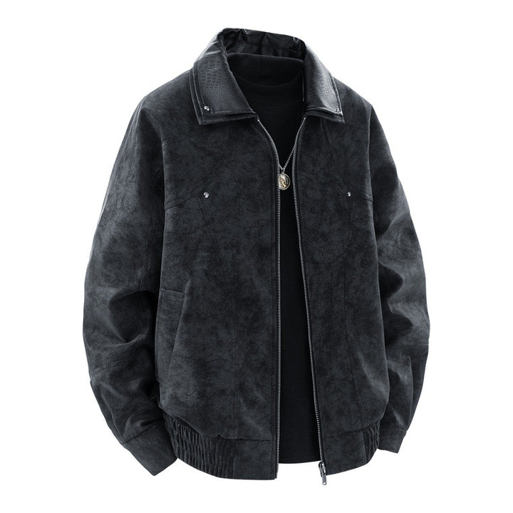 Herren Nano-Velours-Look Bomberjacke mit Kontrastkragen aus strukturiertem Kunstleder und elastischem Saum – Brevano