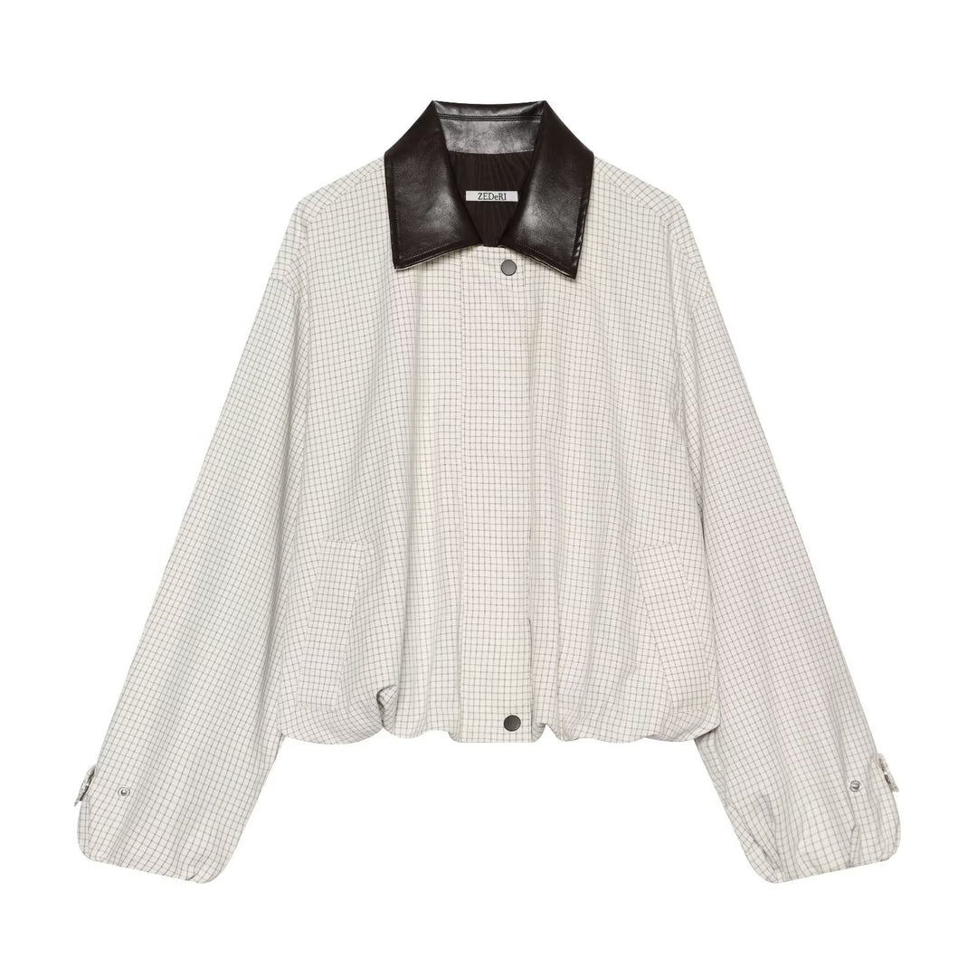 Damen Kurzgeschnittener Karierter Blouson mit kontrastierendem Lederkragen Echo Archiv