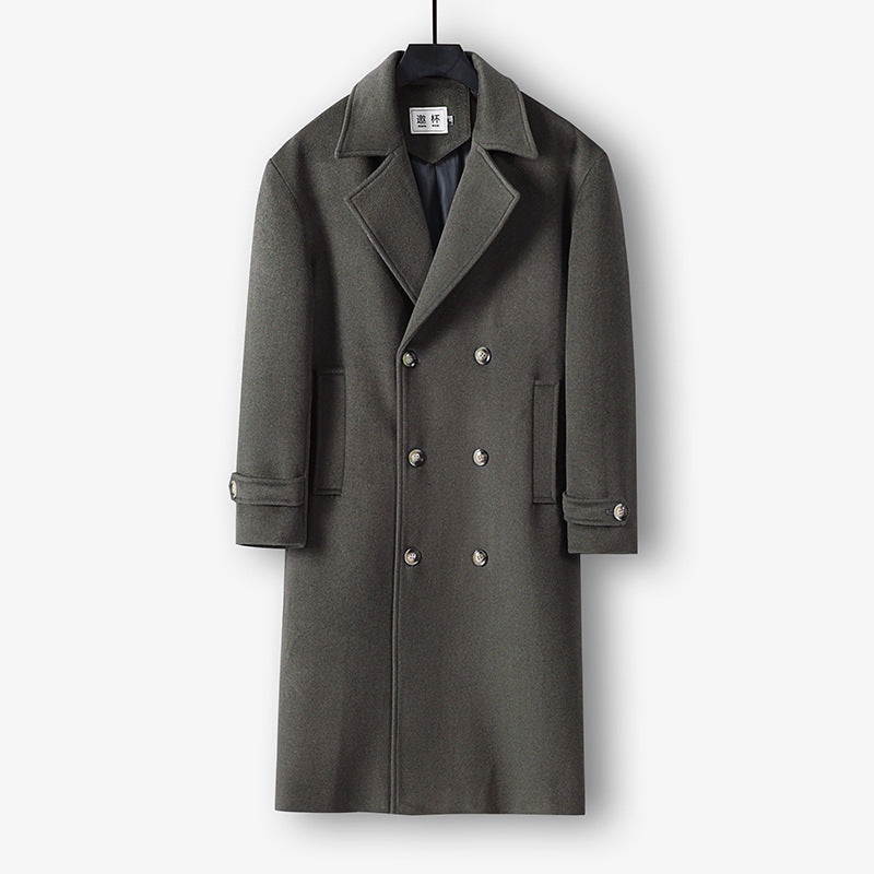 Herren Langer Doppelreihiger Wollmantel mit minimalistischer Silhouette und Schalkragen Echoarchiv