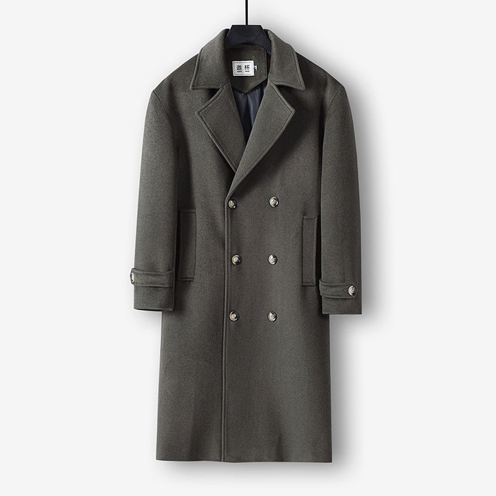 Herren Langer Doppelreihiger Wollmantel mit minimalistischer Silhouette und Schalkragen Echoarchiv